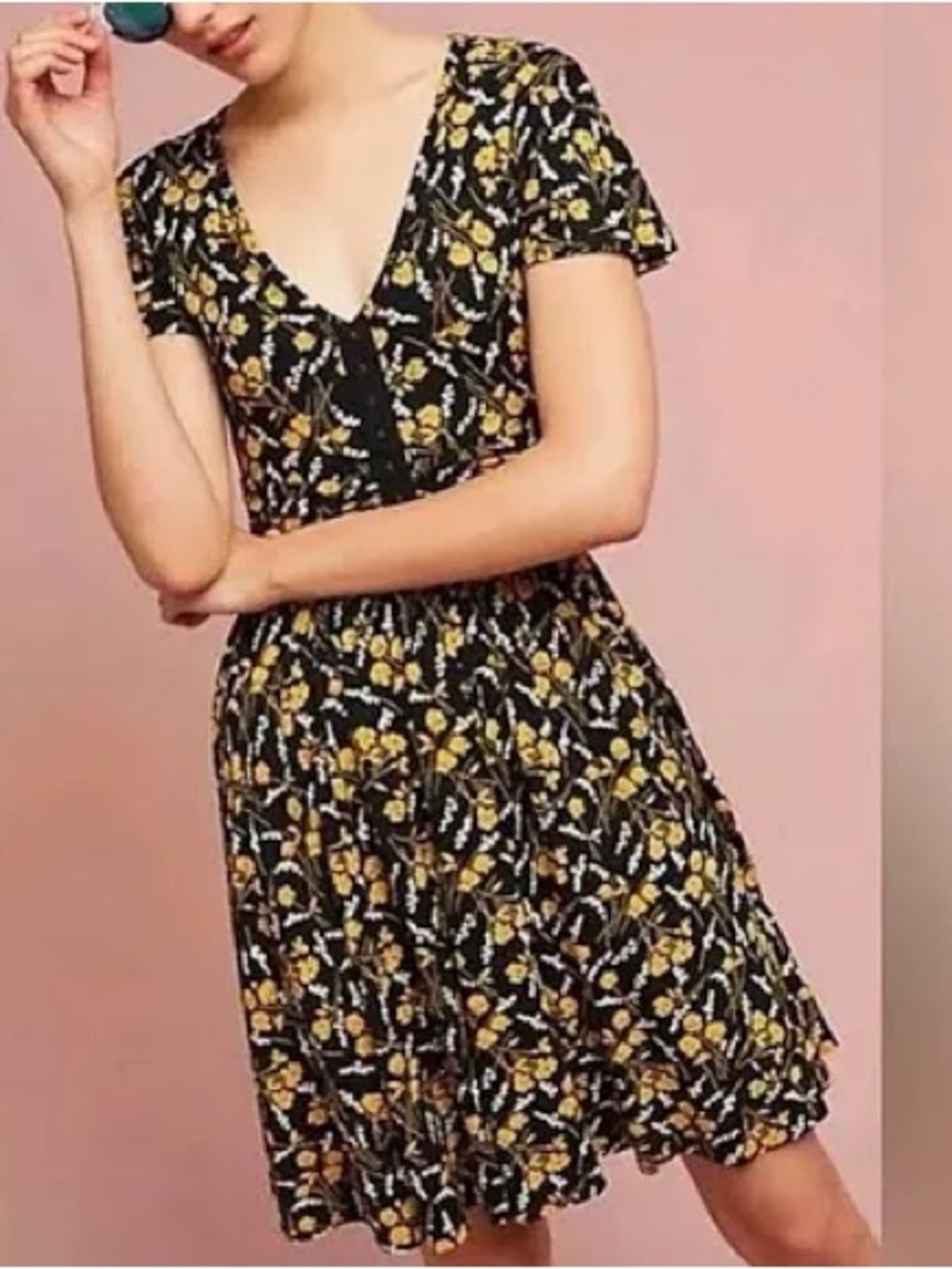 Maeve Anthropologie Summer Breeze Floral Fit & Flare Dress Black Yellow M
